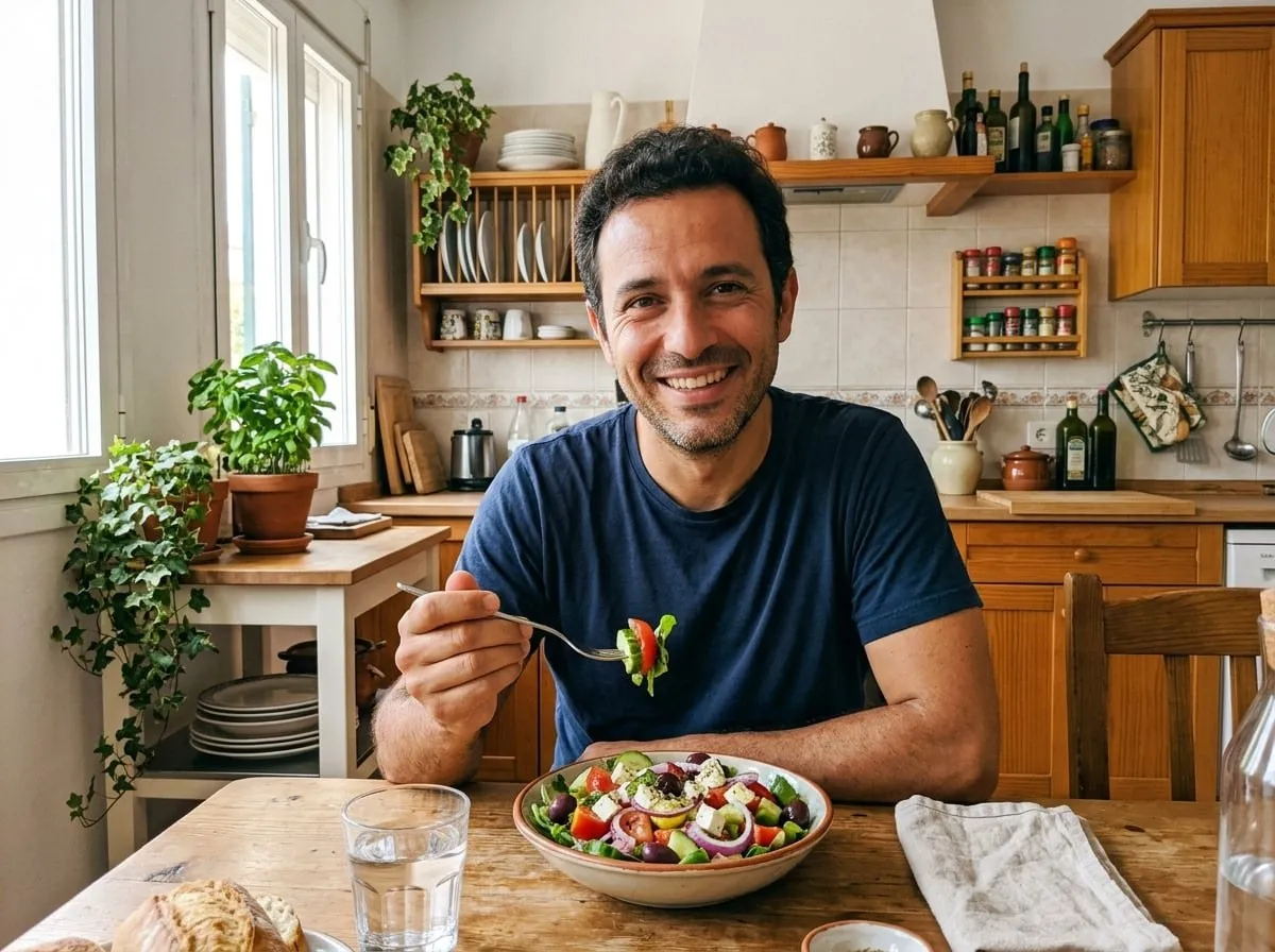 Hombre disfrutando de una comida mediterránea saludable