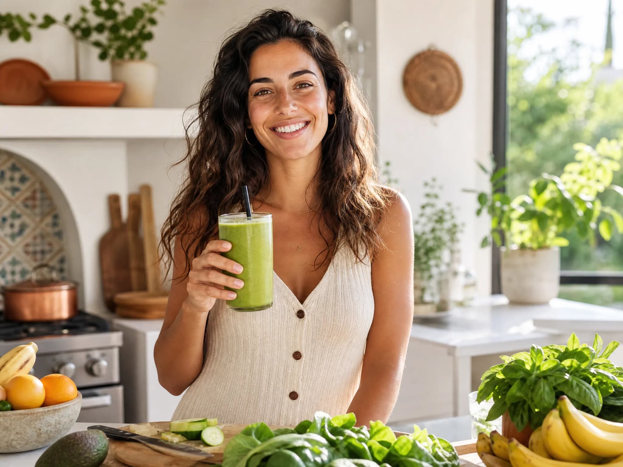 Mujer preparando batido verde saludable en su cocina